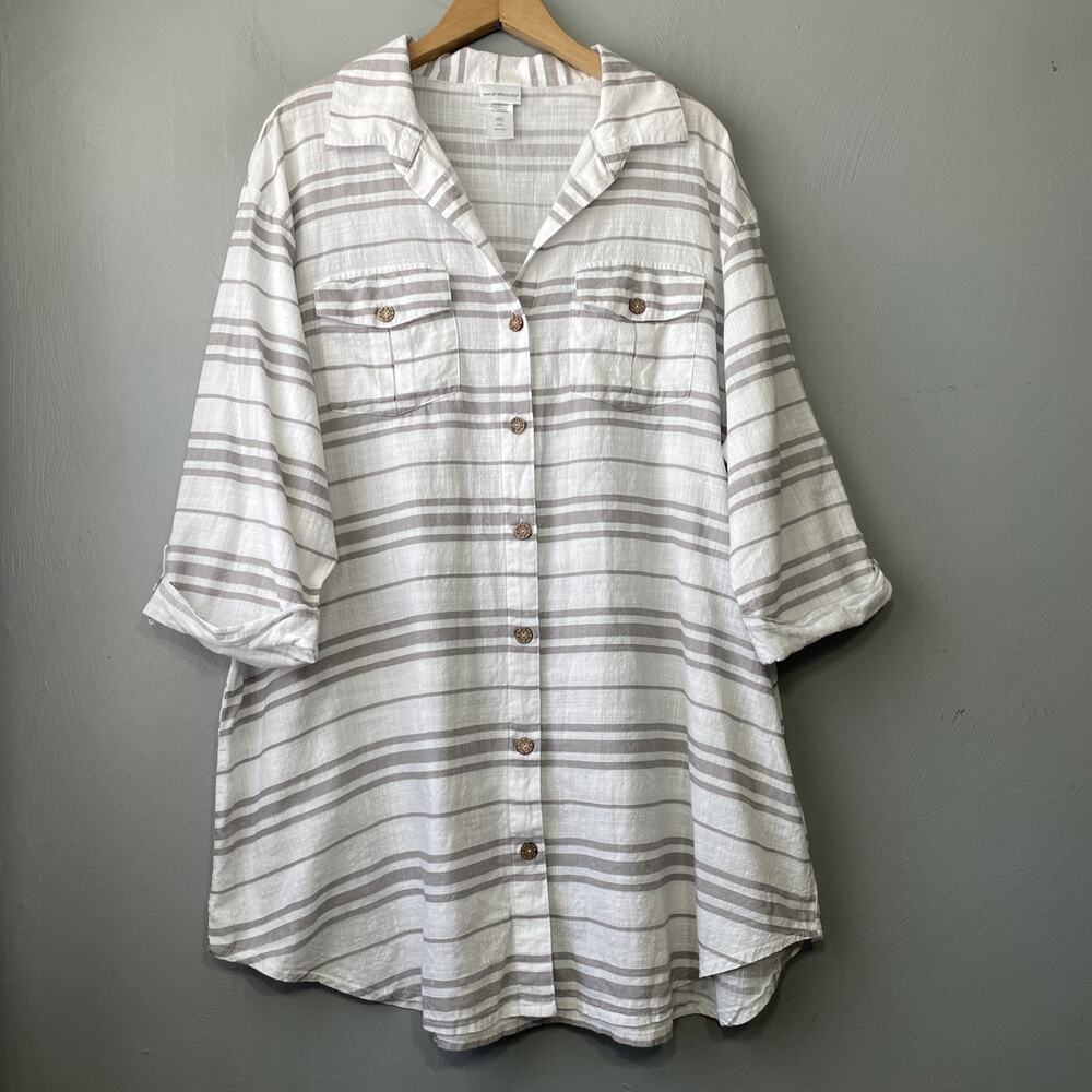 Wearabouts Tunic Top Plus Size 2X Gray White Stripe 100% Cotton Lagenlook Beachy